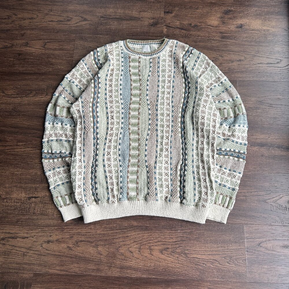 London Fog Multicolor Patterned Crewneck Sweater — Beige, Green, Blue